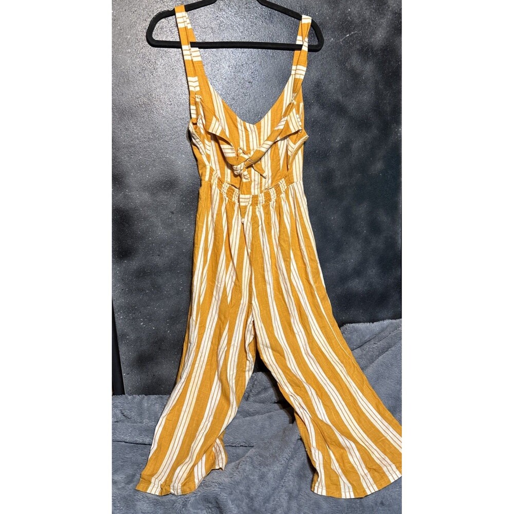 Cali 1850 Mustard Yellow & White Striped Romper Linen Blend Sz S Jumpsuit tie - Picture 4 of 6